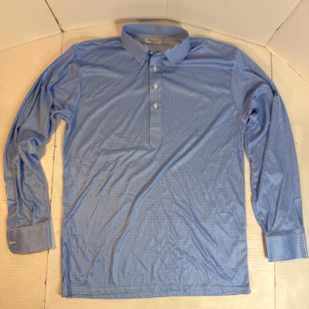 Collars & Co Polo Shirt Mens M‎ Blue Gingham Long Sleeve Dress Collar Preppy